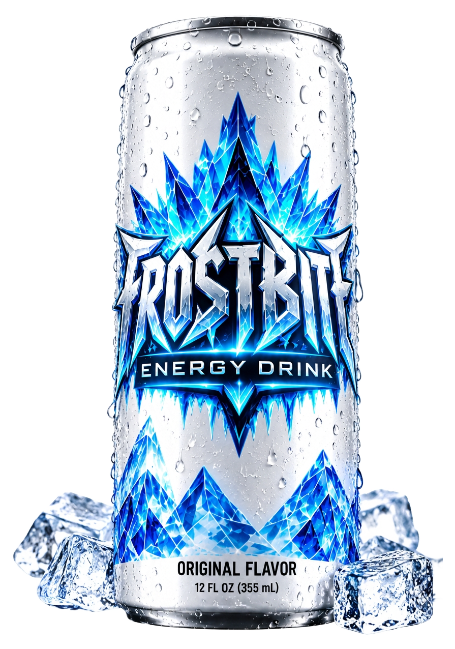 Frostbite Energy Drink can sitting in a bed of ice